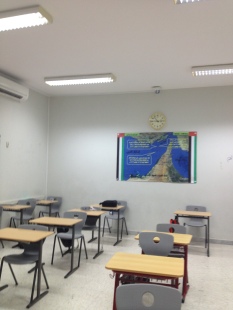 A typical government school classroom.  The map details three islands invaded by Iran in 1971 and still occupied to this day.  These islands were a central part of the government's anti-Iran propaganda.  
